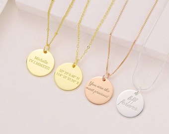 Personalized Engraved Necklace, Custom Engraving Coin Pendant | Date | Coordinates | Roman Numerals | Name | Quotes Engraving Necklace
