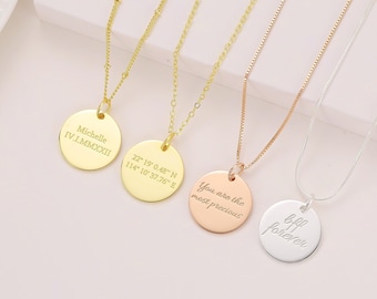 Personalized Engraved Necklace, Custom Engraving Coin Pendant | Date | Coordinates | Roman Numerals | Name | Quotes Engraving Necklace