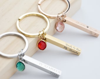 Personalized Engraved Bar Keychain with Birthstone in Gold / Silver / Rose Gold, Birthstone Crystal Glass Custom Shaker Key Chain Gifts