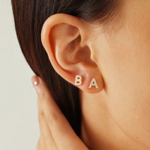 Pave Initial Stud Earrings, Custom Letter Studs in Gold | Silver | Rose Gold, Sterling Silver Hypoallergenic Cursive Serif Old English Studs