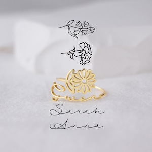 Birth Month Flower Name Ring in Gold / Silver / Rose Gold, Dainty Personalized Custom Gold Ring, Personalized Gift Sterling Silver Ring