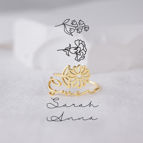 Birth Month Flower Name Ring in Gold / Silver / Rose Gold, Dainty Personalized Custom Gold Ring, Personalized Gift Sterling Silver Ring