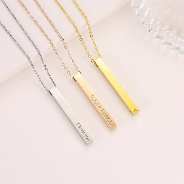Personalized Engraved Bar Necklace in Gold / Silver / Rose Gold, Custom Nameplate Customized Name Initial Date Letter Engraving Gifts