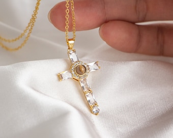 Cross Projection Necklace in Gold / Silver / Rose Gold, Personalized Cross Necklace Custom Goth Catholic Christian Religious Gifts for Her