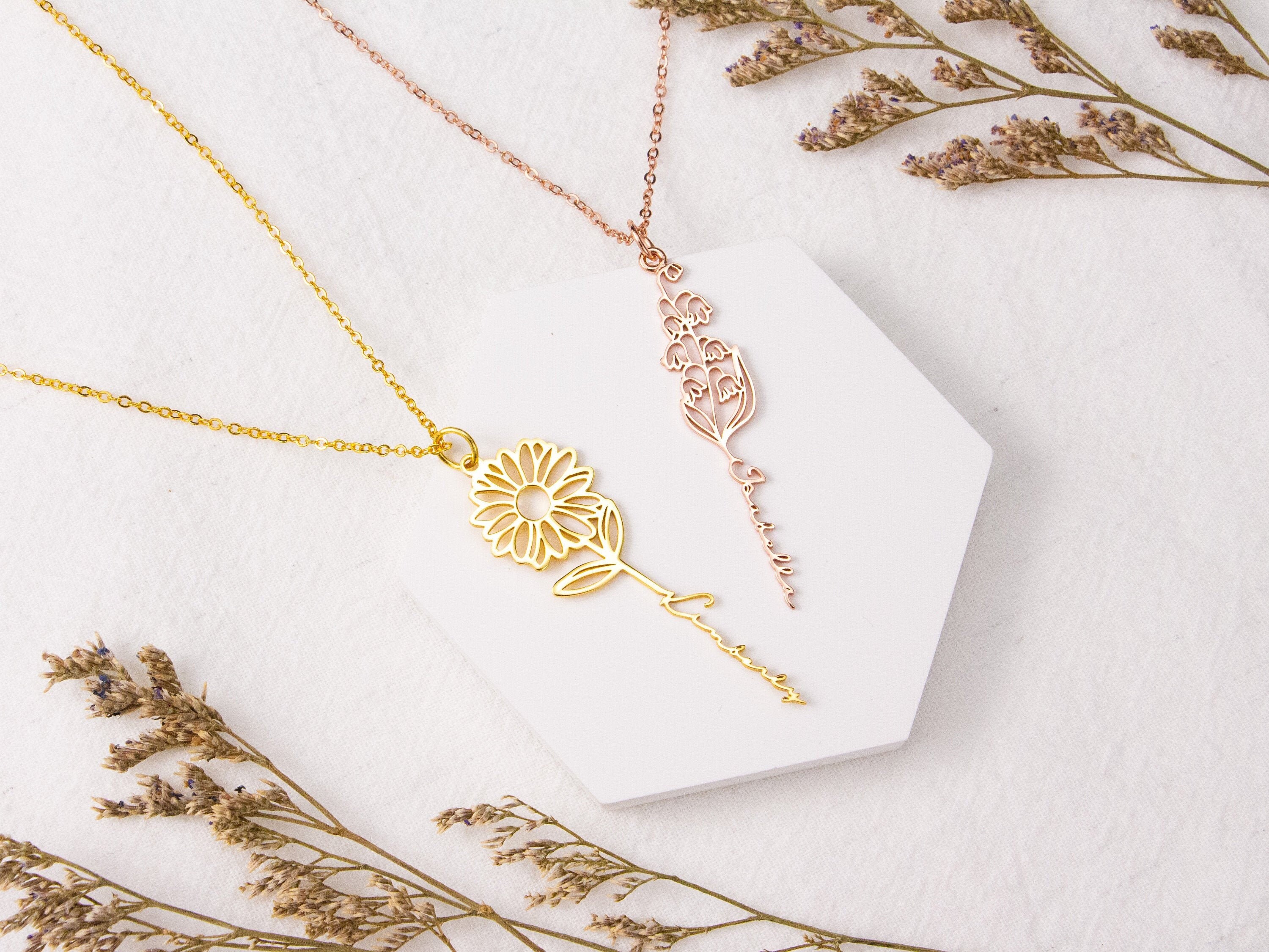Personalized Name Necklace with Birth Flower, Custom 925 Sterling Sil…
