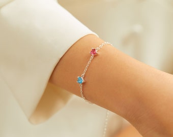 Heart Birthstone Bracelet, Personalized Gemstone Family Diamond Charm Chain Bracelet For Grandma Mom Jewelry Gift Mothers Bridesmaid Gifts