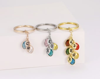 Personalized Birthstone Initial Keychain, Crystal Birth Stone Custom Letter Leaf Key Chain Car Accessories in Gold / Silver / Rose Gold