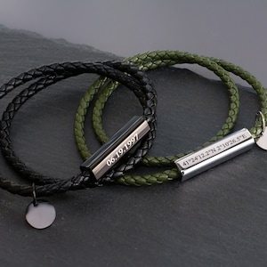 Aangepaste gelaagde leren armband, gepersonaliseerde gegraveerde herenarmband, datumcoördinaten, tijd, initiële vriendje paren naam armband voor mannen