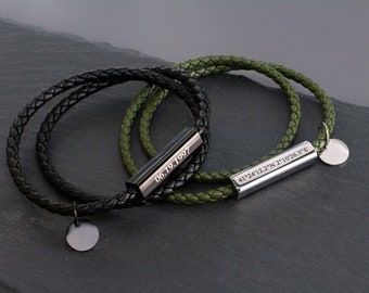 Custom Layered Leather Bracelet, Personalized Engraved Mens Bracelet Date Coordinates Time Initial Boyfriend Couples Name Bracelet for Men