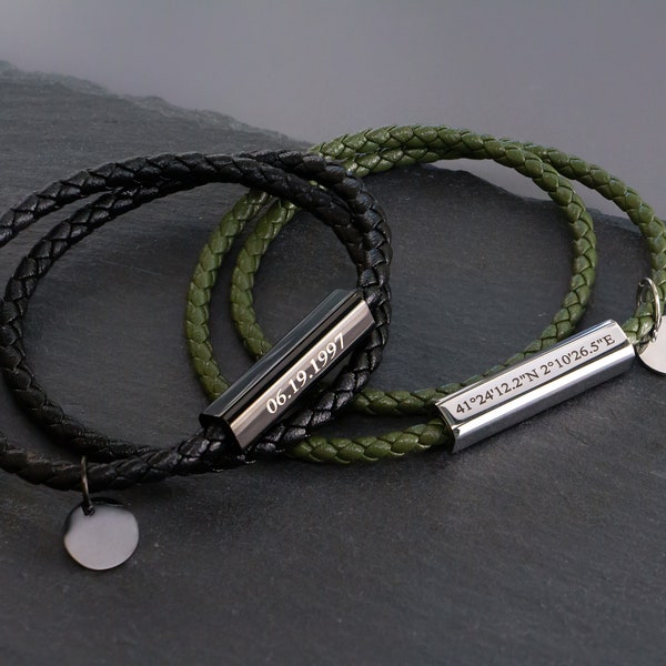 Pulsera de cuero en capas personalizada, pulsera personalizada grabada para hombre fecha coordina hora inicial novio parejas nombre pulsera para hombres