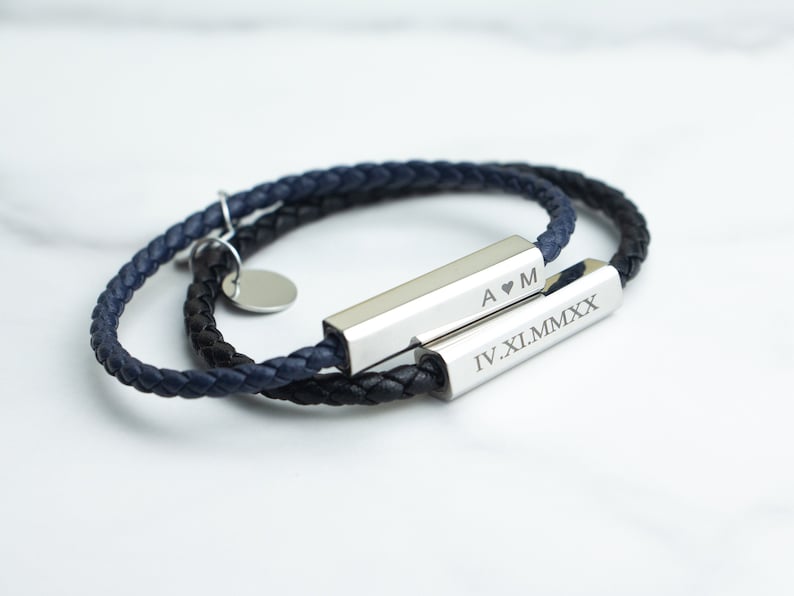 Custom Engraved Leather Bracelet, Personalized Double Names Initial Letters Roman Numeral Love Friendship Matching Woven Couples Bracelet 