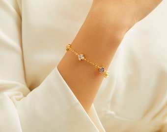 Personalized Birthstone Bracelet, Gemstone Family Diamond Charm Chain Bracelet For Grandma Mom Jewelry Gift Mothers Day Bridesmaid Gifts