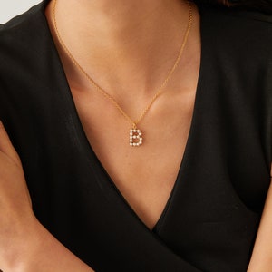 S.J JEWELRY Initial Pearl Necklace Set - 14K Gold Plated Letter Pendant & Pearl Choker, 14" + 17" With Extension - View #9