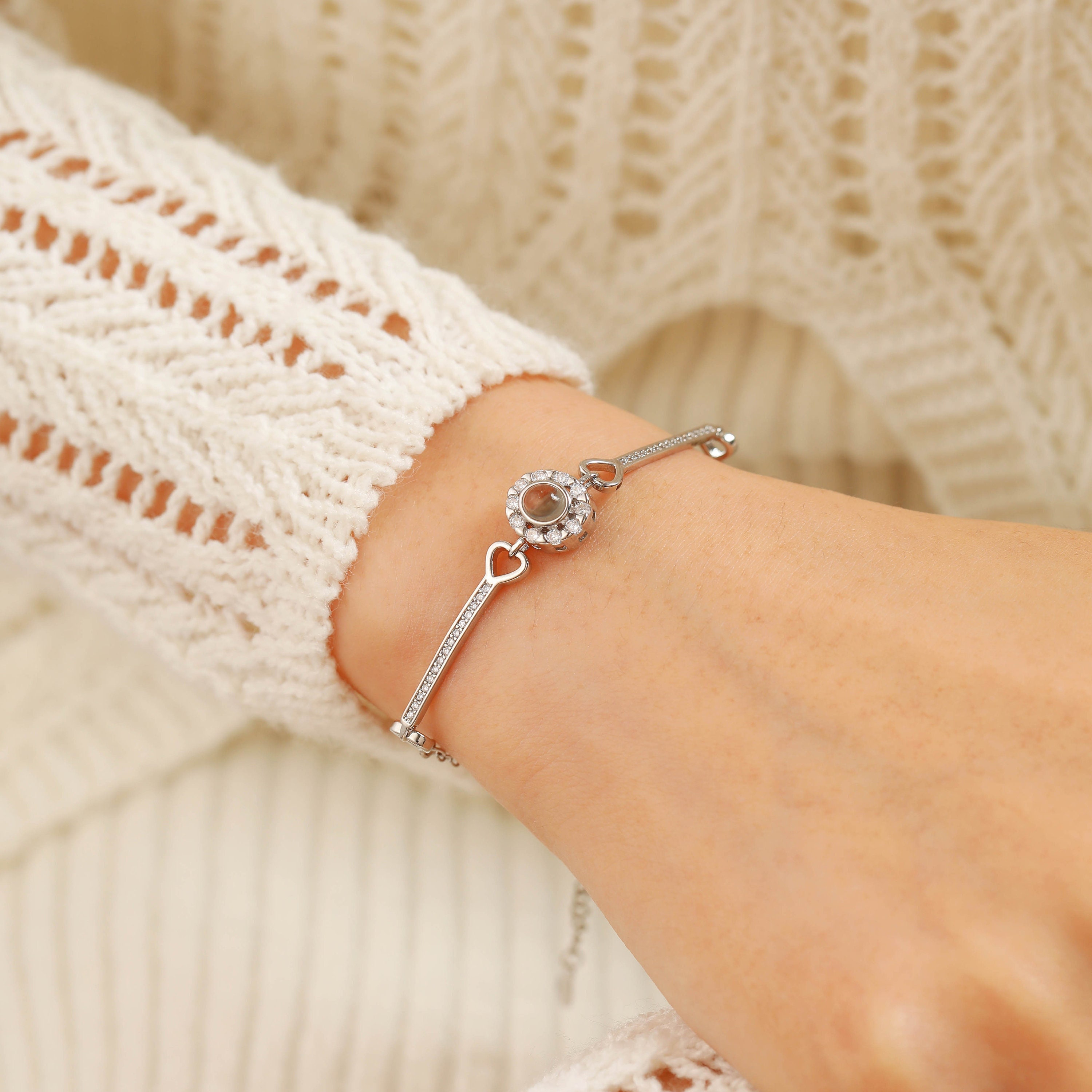 Jewieidea Bracciale Proiezione Foto Personalizzata Bracciale con foto Dentro con Ciondolo per Donna in Argento Oro rosa Gioielli di compleanno per moglie per mamma (A3