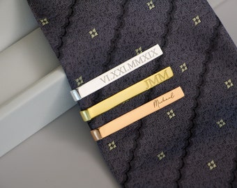 Clip de corbata personalizado de plata 925 con acabado en oro / plata / oro rosa, barra de corbata de grabado personalizado, regalos de juegos de clips de corbata de padrinos de boda grabados