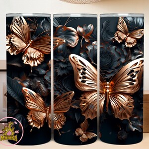 Insulated Glass - Butterflies - Black Floral Background - Metallic 3D Effect - 20 oz Tumbler - Butterfly Mug - Black Flowers - Gift for Her Him