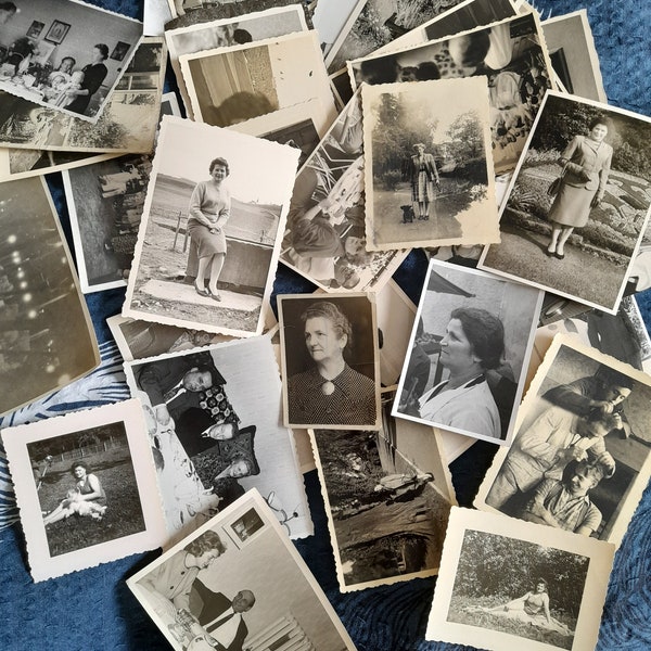 Fotos antiguas, fotografías antiguas, lote mixto de 1910 a 1960, álbumes de recortes de fotografías en blanco y negro, ensamblaje de arte, collage, diario basura, pegamento