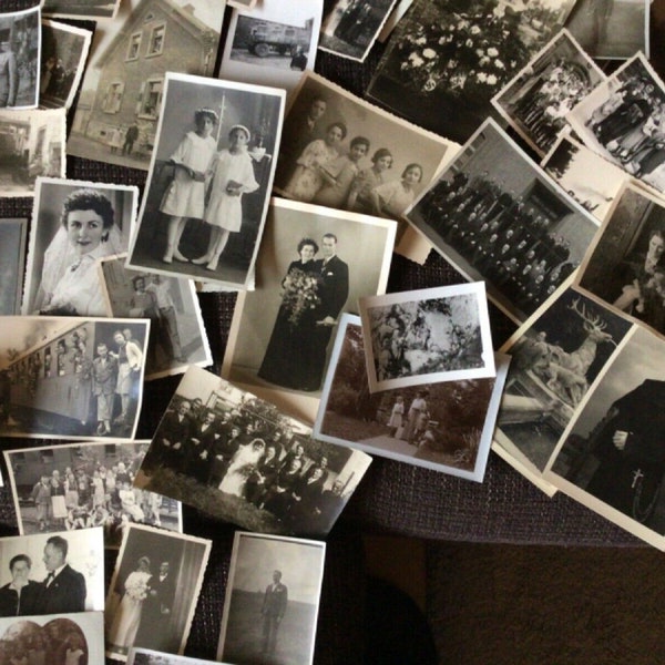 Vintage photos, old photographs mixed lot of 1910 to 1960 black & white photo scrapbooks assemblage art collage junk journal glue