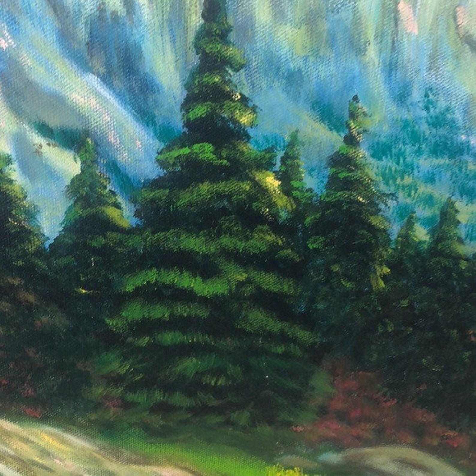 Mountainside Valley Oil Painting Pine Trees & Rock Etsy