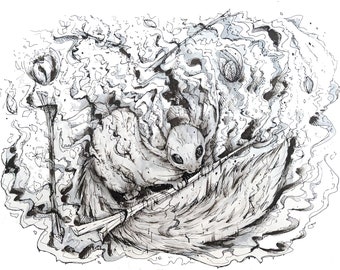 May include: A black and white ink drawing of a small animal with large eyes, sitting in a boat-like object. The animal is surrounded by swirling, abstract shapes.