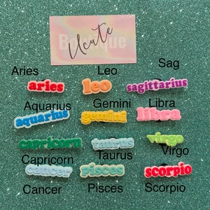 May include: Twelve colorful zodiac sign charms with the names of each sign written in white letters. The charms are arranged in three rows of four. The signs are Aries, Taurus, Gemini, Cancer, Leo, Virgo, Libra, Scorpio, Sagittarius, Capricorn, Aquarius, and Pisces.