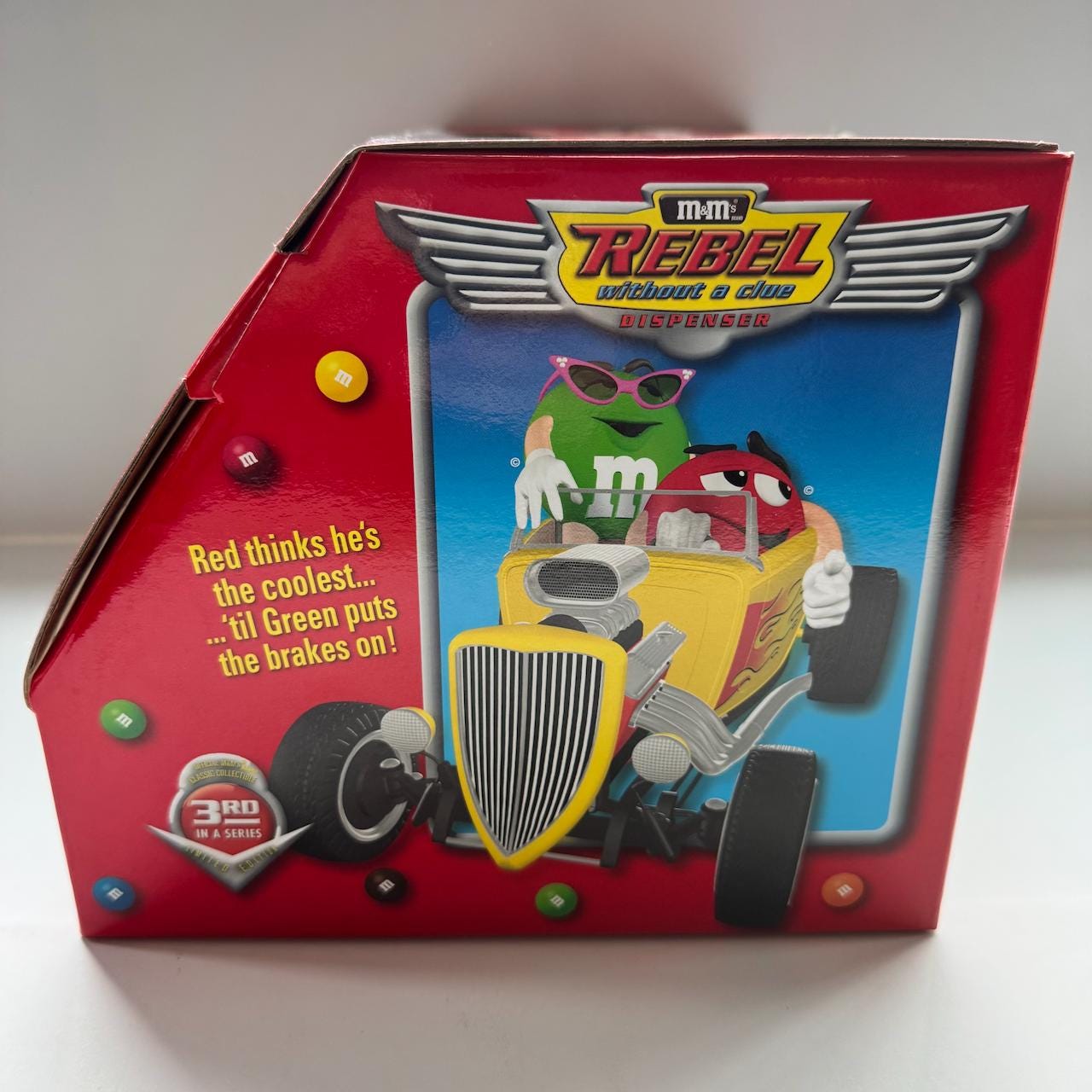 M&m's Rebel Without A Clue Yellow Hotrod Candy Dispenser 2000, New