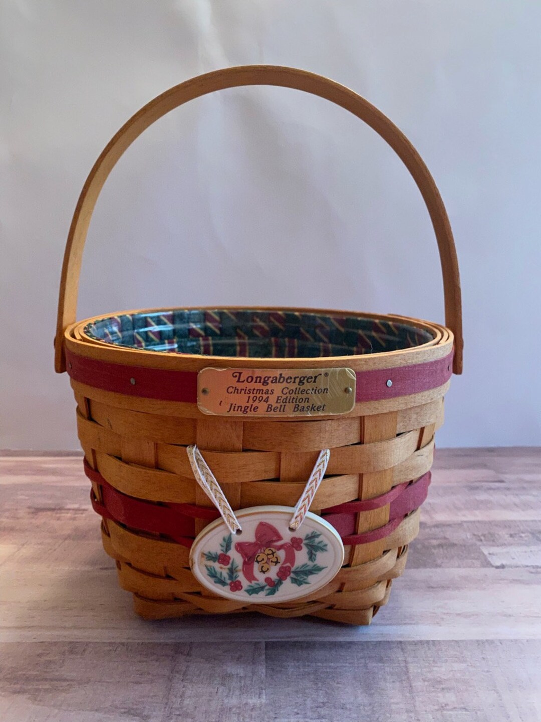 Longaberger 1994 Jingle Bell Basket W/ Liner, Protector and Tie-on