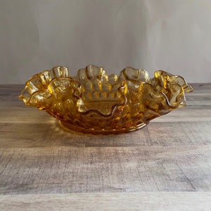 Fenton Ruffled Amber Glass Dish; Thumbprint; Gold; Bowl