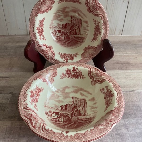 Pair of Johnson Brothers 6" Pink Old Britain Castles Rim Cereal Bowls; England 1883; Denbigh Castle in 1792