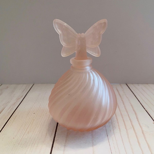 Frosted Pink Glass Perfume Bottle with Butterfly Stopper; Empty