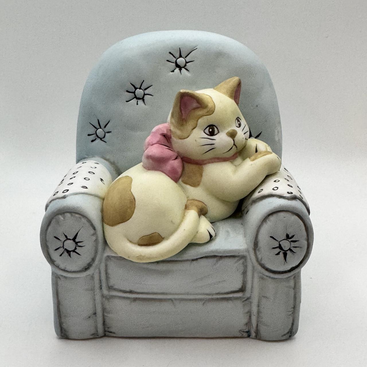 Cat Music Box, White Cat Sitting on Blue Chair Figurine, Ceramic