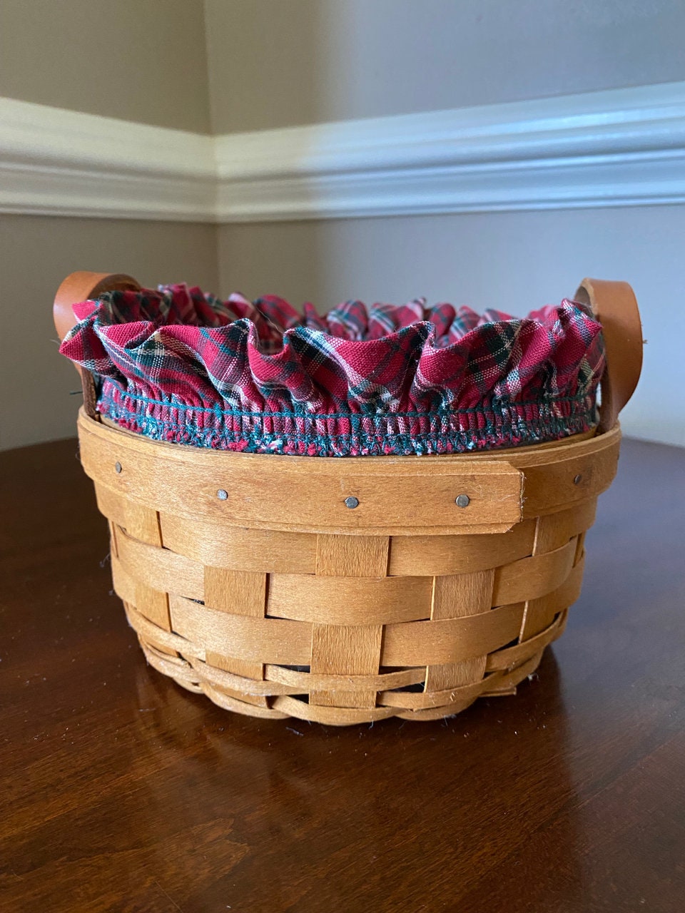 Longaberger 1993 Button Basket With Leather Handles and Plaid
