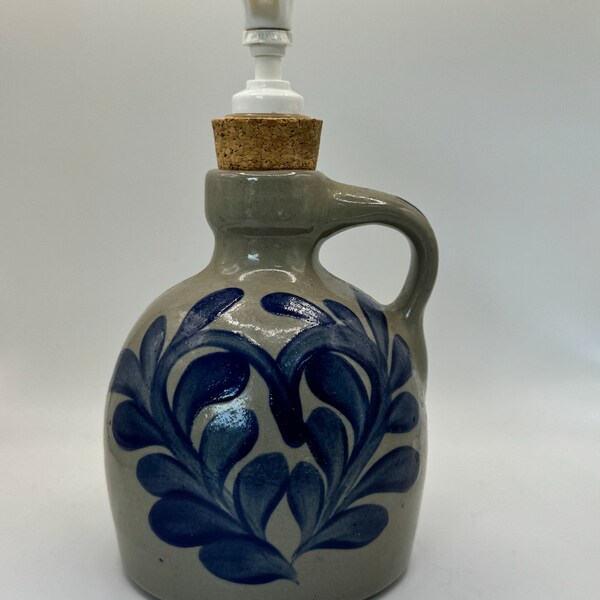 Pfaltzgraff-Inspired Stoneware Soap Dispenser | Folk Art | Ceramic Soap Dispenser with Handle | Brown, Blue, Floral | Kitchen Soap Dispenser