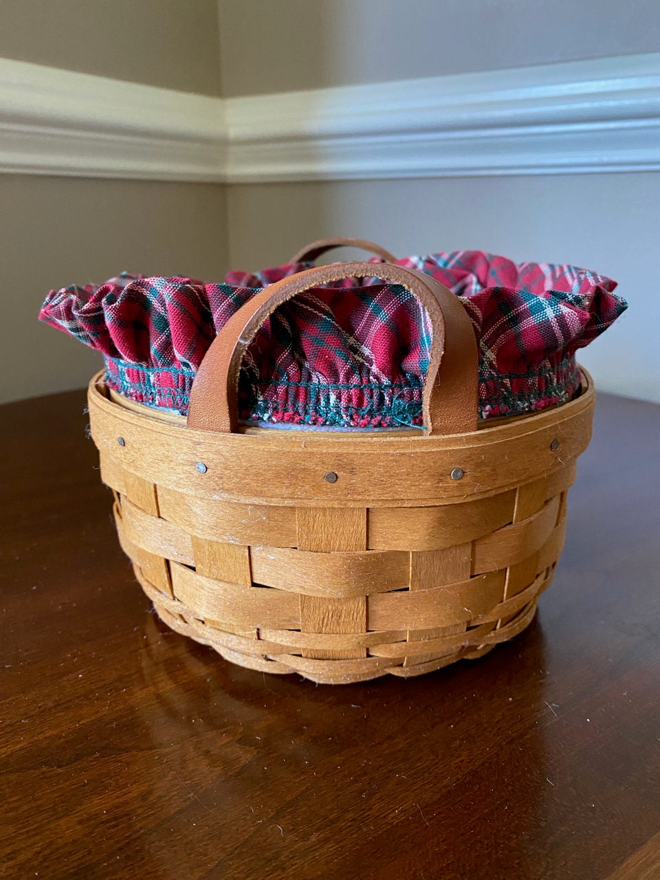 Longaberger 1993 Button Basket With Leather Handles and Plaid