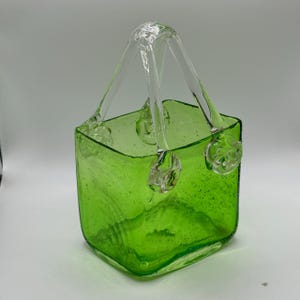 Handblown Green Glass Purse Vase, Decorative Glass Planter, Art Glass, Home Decor