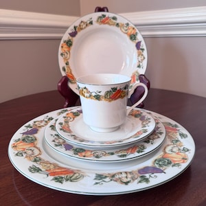 American Atelier Holiday Turkey 5-Piece Place Setting; Dinner, Salad/Dessert, Bowl, Cup/Saucer; Thanksgiving Holiday; Supports Animal Rescue