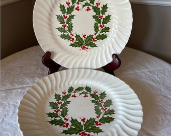 Holly Dinner Plates by Scio; Set of 3; White Scalloped Plates with Holly and Berries in Center; Holiday Plates; Christmas Plates; Japan