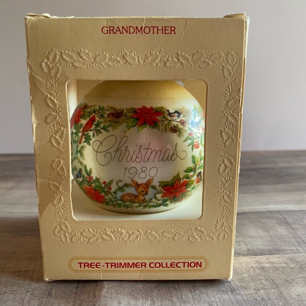 Hallmark 1980 "Grandmother" Glass Ornament; Keepsake Ornament; Poinsettia; Deer; Birds