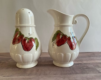 Sugar Shaker and Creamer/Pitcher S-670; Strawberries; Gift Ideas Creation Phila. Pa.; White; Red; Green; Serving; Kitchen