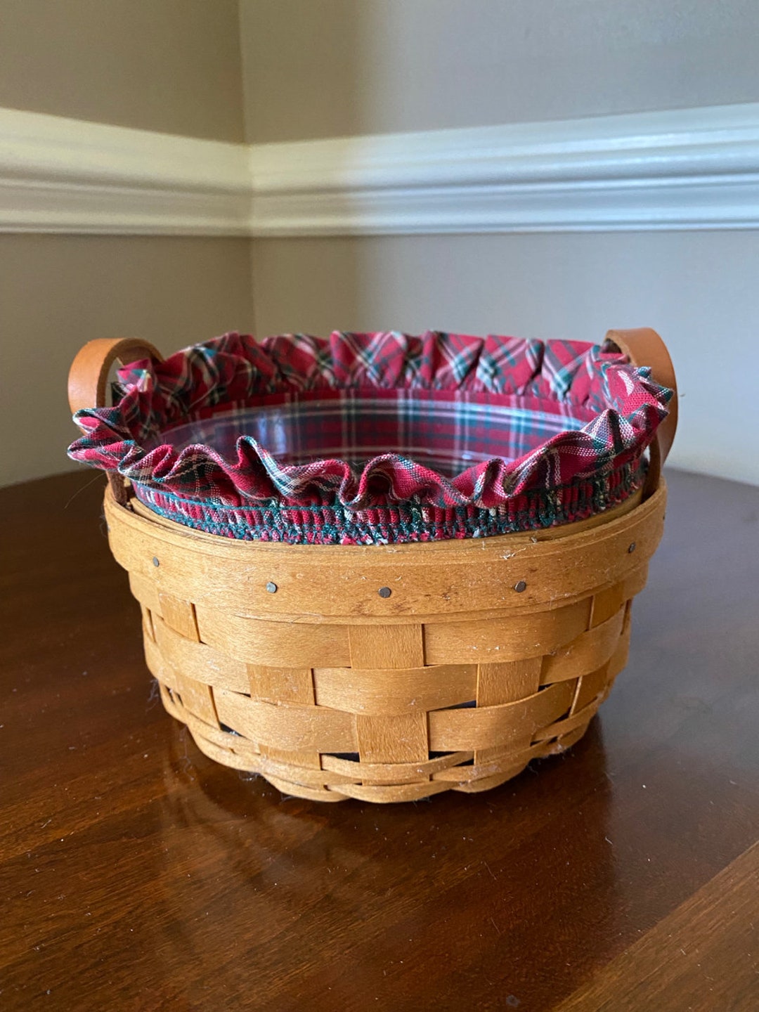 Longaberger 1993 Button Basket With Leather Handles and Plaid