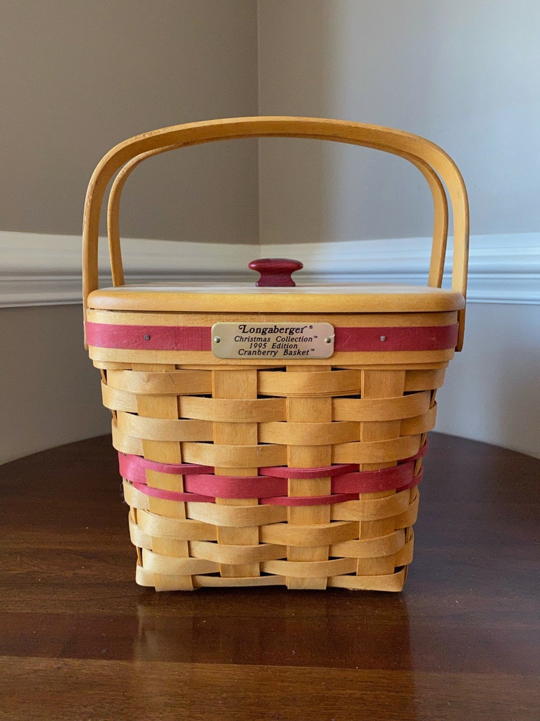 Longaberger 1995 Cranberry Basket With Lid and Plastic Protector