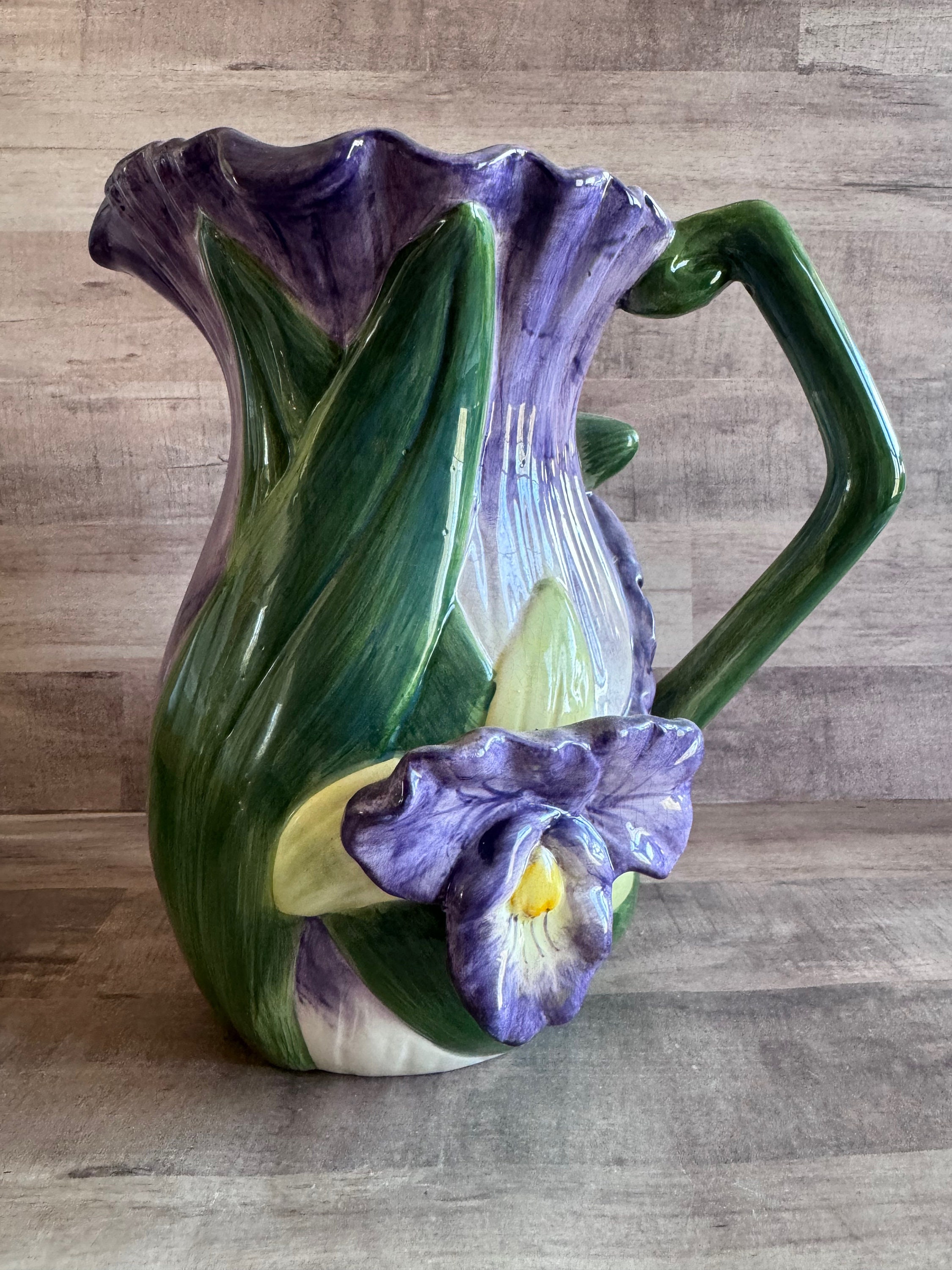 Ceramic Purple and Green Iris Pitcher Vase; 8.5