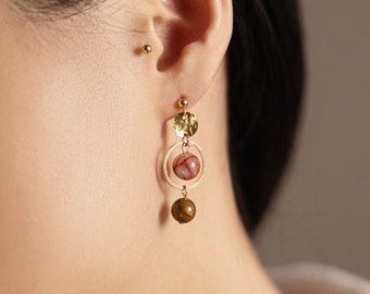 Charm | Dainty Geometric Multi-Gemstone Earrings, Indian Agate Astronomy 14K Gold Plated Jewelry