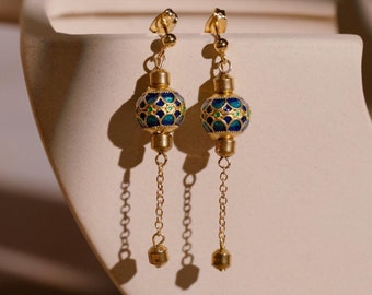 Fei | Old Shanghai Retro Cloisonne Enamel Earring, Chinese Style Flower Lotus Petal Lantern Chime, 14K Gold Plated Modern Asian Jewelry