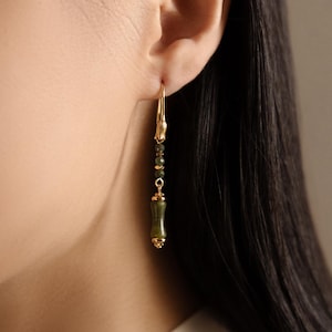 Forest | Asian Bamboo Dangling Nature Floral Earrings, Natural Green Jadeite Agate Gemstone, Spring 14K Gold Plated Modern Hanfu Jewelry