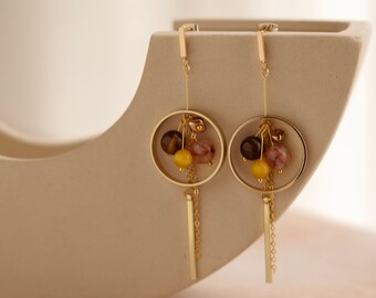 Juno | Geometric Statement Windchime Earrings, Natural Precious Agate Stone Bead, Modern Galactic Crystal Jewelry, 14K Gold Plated