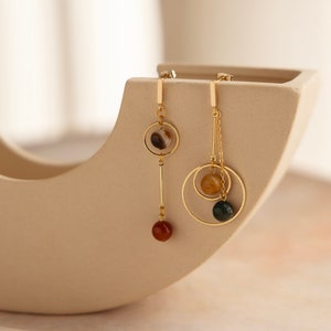 Nova | Asymmetrical Solar System Orbit Planet Earrings, Agate Tourmaline Malachite Gemstones, Geometric Jewelry