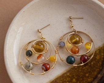 Solaris | Universe Planet Orbit Earrings, Solar System Geometric Statement Earrings, Natural Gemstones Galaxy 14K Gold Plated Jewelry