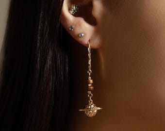Saturn | Astronomy Planet Solar System Earrings, Natural Tiger Eye Czech, Galactic 14K Gold Plated