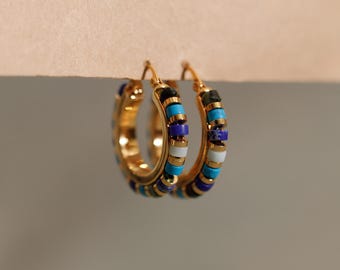 Mulan | Azurite Agate Rhodochrosite Gemstone Hoop Earrings, Geometric Statement 14K Gold Plated Jewelry